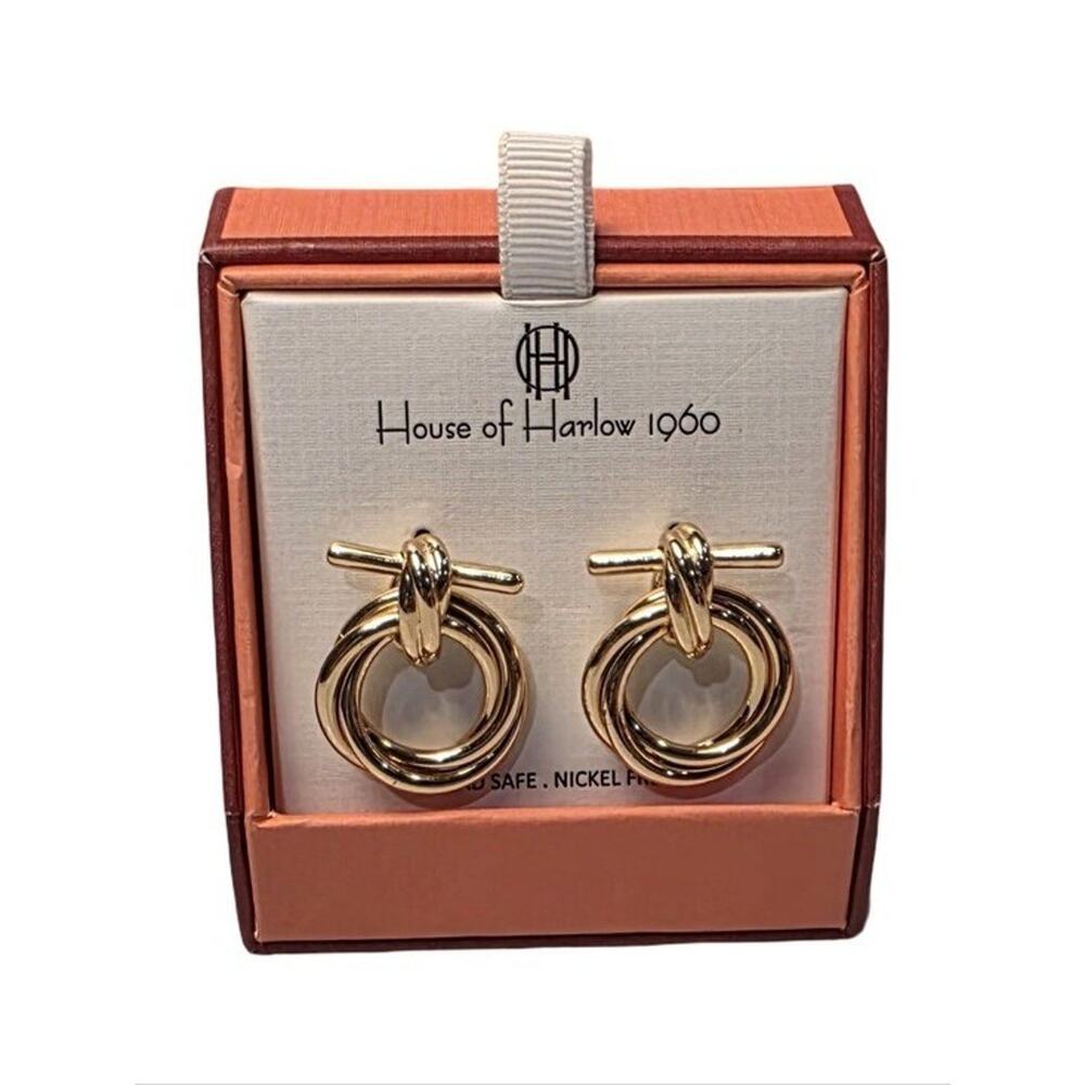House of Harlow 1960 Gold Interlocking Double Hoop Door Knocker Earrings